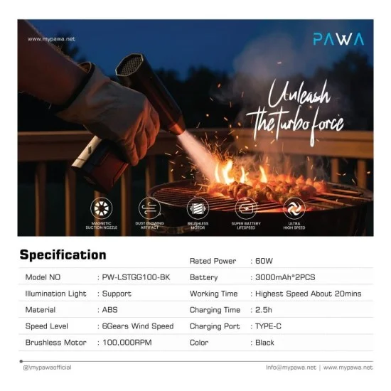 Pawa Turbo Fan Blower with LED Light - Black